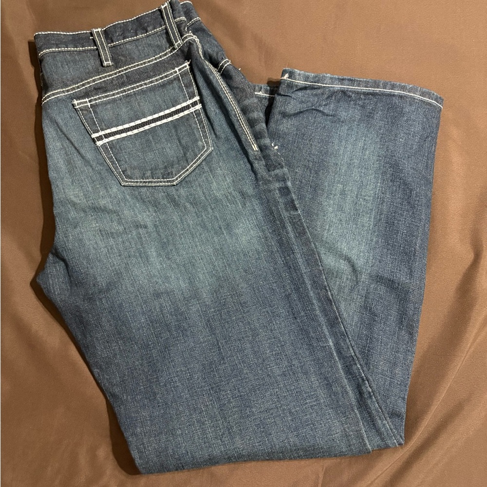 Cinch Men's Straight Jeans in Washed Blue with White Stitching